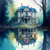 Reflection of old mansion showcasing past grandeur in pond - Image 1