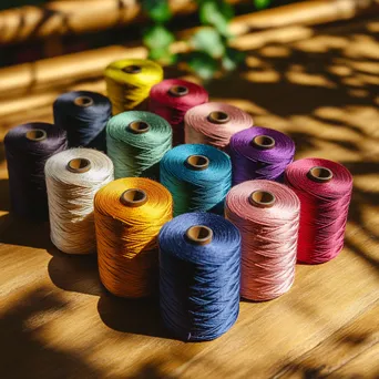 Colorful spools of thread arranged on a wooden table. - Image 2