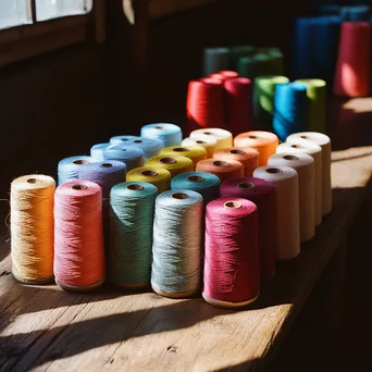 Colorful spools of thread arranged on a wooden table. - Image 3