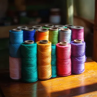 Colorful spools of thread arranged on a wooden table. - Image 4