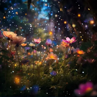 Enchanted garden with stained glass flowers and fireflies - Image 1