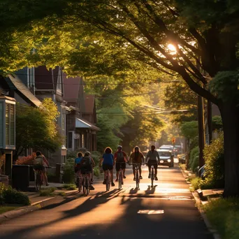 Family riding bicycles down a tree-lined street during golden hour - Image 1