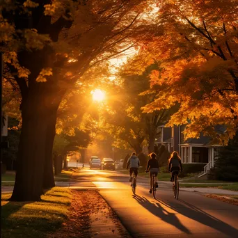 Family riding bicycles down a tree-lined street during golden hour - Image 3