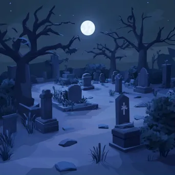 Low poly isometric view of a gothic cemetery scene under the moon