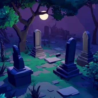 Low poly isometric view of a gothic cemetery scene under the moon