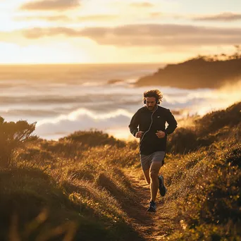 Runner sprinting on a coastal trail at golden hour - Image 1