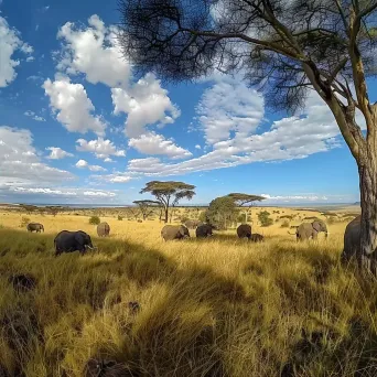 Expansive savanna with grazing elephants and acacia trees - Image 4