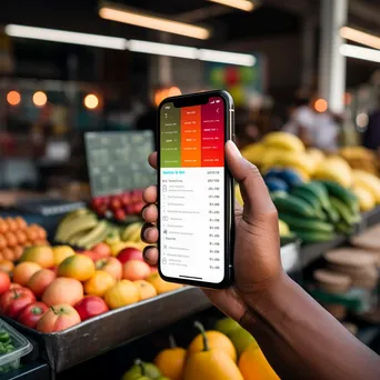 Hand using smartphone for cryptocurrency payment at a market - Image 4