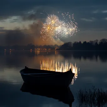 Colorful fireworks beautifully reflected on a calm lake surface on New Year