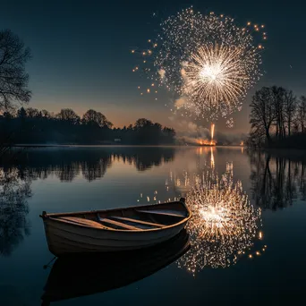 Colorful fireworks beautifully reflected on a calm lake surface on New Year