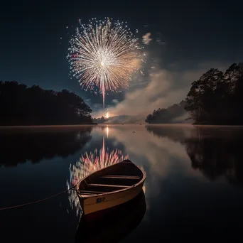 Colorful fireworks beautifully reflected on a calm lake surface on New Year