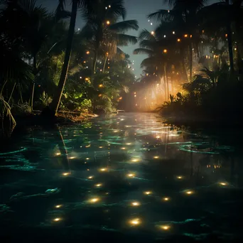 Oasis at sunset with fireflies above the water - Image 1