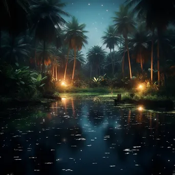 Oasis at sunset with fireflies above the water - Image 3