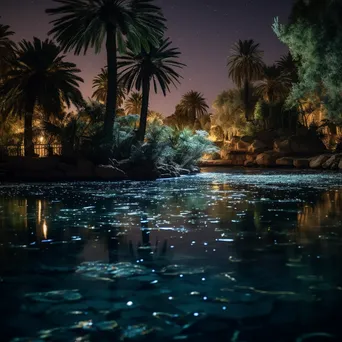 Oasis at sunset with fireflies above the water - Image 4