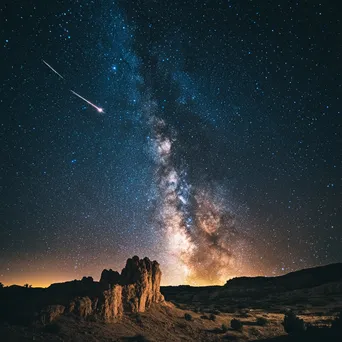 Shooting Stars Over Rugged Desert Horizon