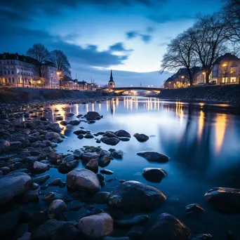 Dusk Riverbank with City Lights