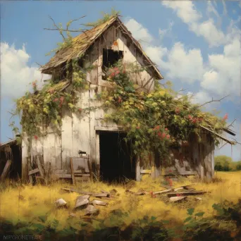 Picture of a dilapidated barn with vines and flowers reclaiming it - Image 3