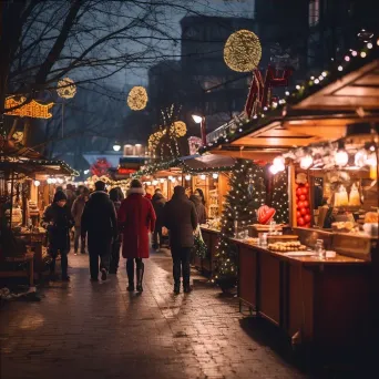 Winter market with locals shopping at holiday stalls adorned with lights - Image 4