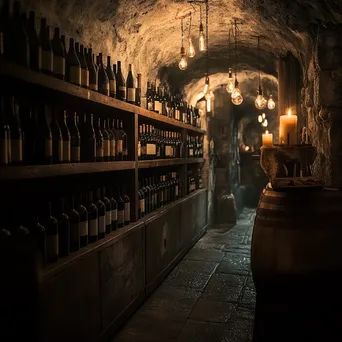 Interior of rustic wine cellar with wooden shelves and bottles - Image 1