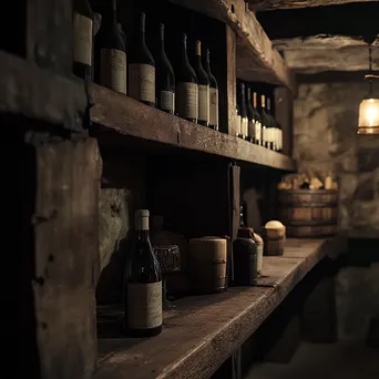 Interior of rustic wine cellar with wooden shelves and bottles - Image 2