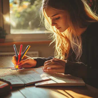 Young woman organizing her planner with colorful pens on a wooden desk in natural light. - Image 2