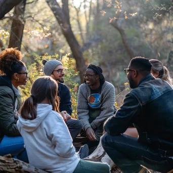 Leaders discussing in an outdoor retreat atmosphere - Image 1