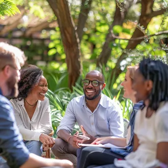 Leaders discussing in an outdoor retreat atmosphere - Image 3