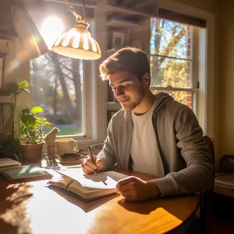 Male student studying with a digital tablet in a sunlit room. - Image 1