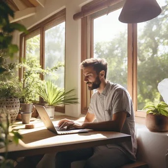 Male student studying with a digital tablet in a sunlit room. - Image 2