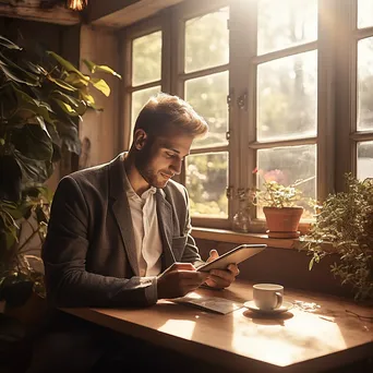 Male student studying with a digital tablet in a sunlit room. - Image 4