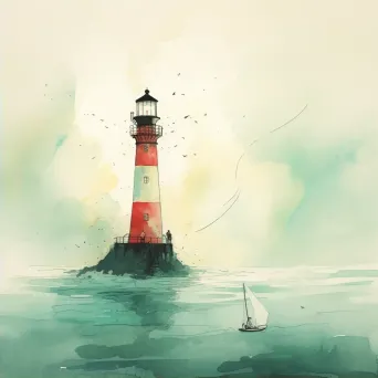 Sailor Navigating Through Dense Fog Towards Distant Lighthouse