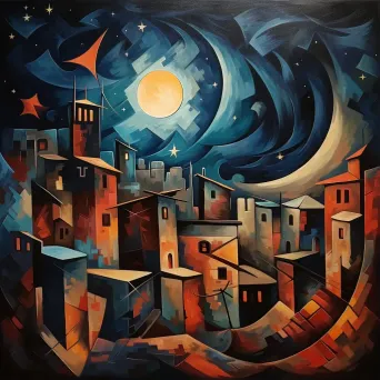 Cubist style tranquil night sky over war-damaged buildings - Image 1