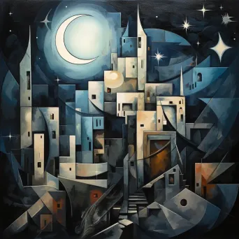 Cubist style tranquil night sky over war-damaged buildings - Image 4