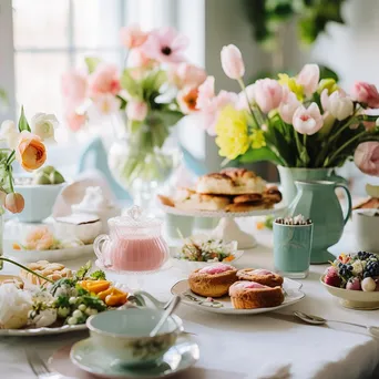 Decorated Easter brunch table with pastel colors and fresh flowers - Image 1