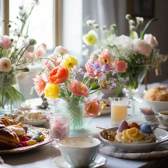 Decorated Easter brunch table with pastel colors and fresh flowers - Image 2