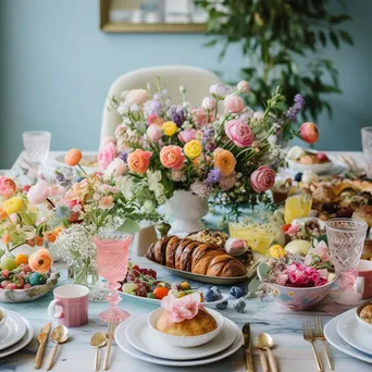 Decorated Easter brunch table with pastel colors and fresh flowers - Image 3