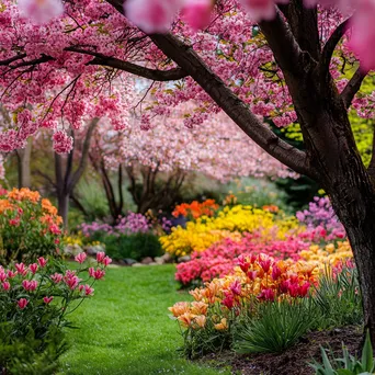 Vibrant garden blooming with cherry blossoms and spring flowers - Image 4