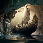 Egyptian underworld scene with golden barge sailing past statues - Image 1