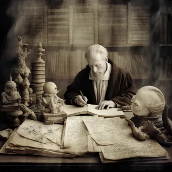 Scholar writing with a quill pen surrounded by old books symbolizing academic pursuit - Image 1