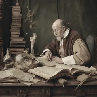 Scholar writing with a quill pen surrounded by old books symbolizing academic pursuit - Image 3