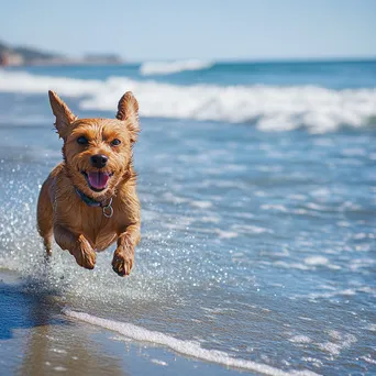 A playful dog running along the shoreline with its owner and bright ocean waves in the background. - Image 1