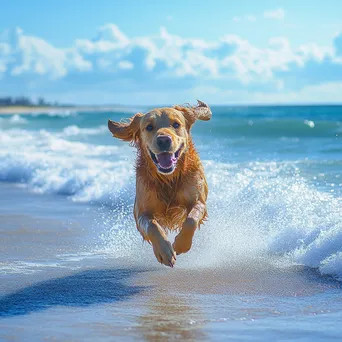 A playful dog running along the shoreline with its owner and bright ocean waves in the background. - Image 2