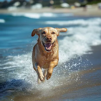 A playful dog running along the shoreline with its owner and bright ocean waves in the background. - Image 4