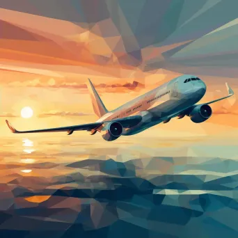 Faceted jumbo jet in flight against a warm sunset, crafted in a low poly style - Image 2