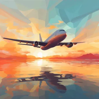 Faceted jumbo jet in flight against a warm sunset, crafted in a low poly style - Image 3