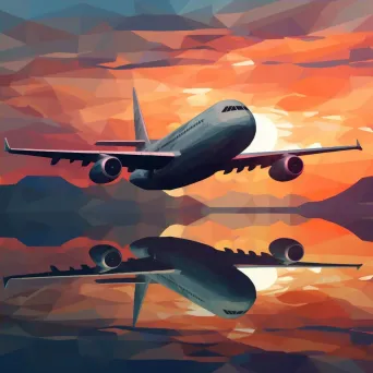 Faceted jumbo jet in flight against a warm sunset, crafted in a low poly style - Image 4