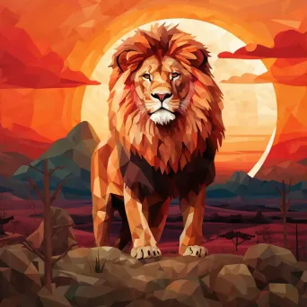 Geometric representation of lion in low poly style in African savanna setting - Image 3