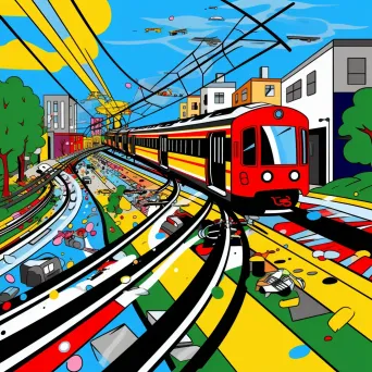 Vibrant Pop Art styled representation of the Trolley Problem, highlighting a moral dilemma - Image 2