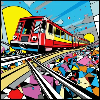 Vibrant Pop Art styled representation of the Trolley Problem, highlighting a moral dilemma - Image 4