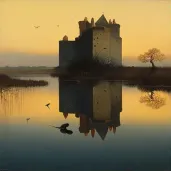 Reflective lake mirroring ancient castle at sunset - Image 1